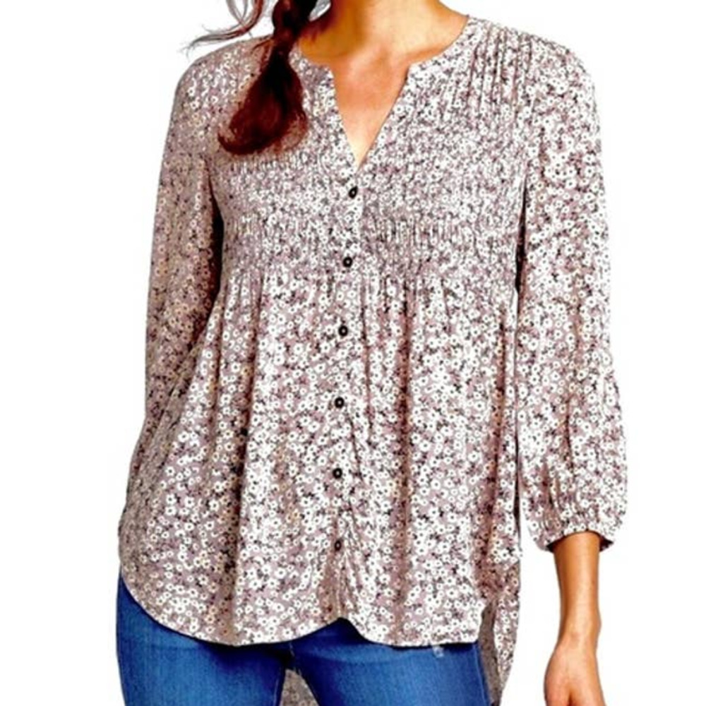 Knox Rose Women's XXL Smocked Boho Top ~ Lavender Micro Floral Button Peasant